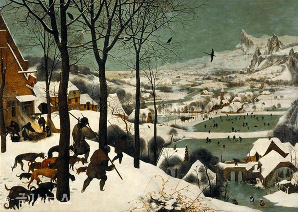 눈 속의 사냥꾼 The Hunters in the Snow피터르 브뤼헐(1525-1569) Pieter Bruegel the Elder1565 oil-on-wood painting117 cm x 162 cmKunsthistorisches Museum Wien
